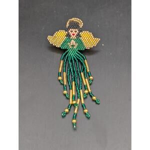 Woven Glass Seed Bead Angel Pin Brick Stitch Fringe Brooch Gold Green Halo